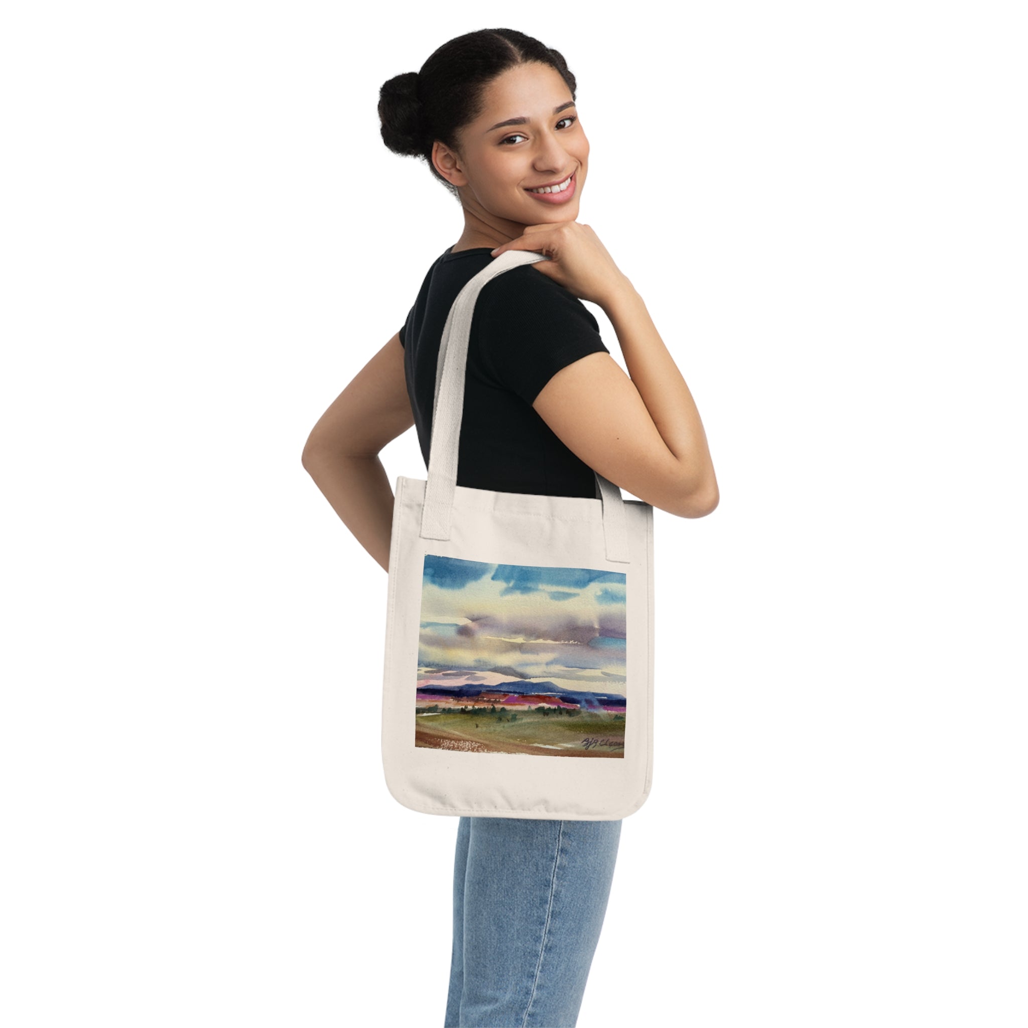 Organic Tote Bag with 'Tranquil Mountain View 1' I Original Artwork by American Artist Barbara Cleary