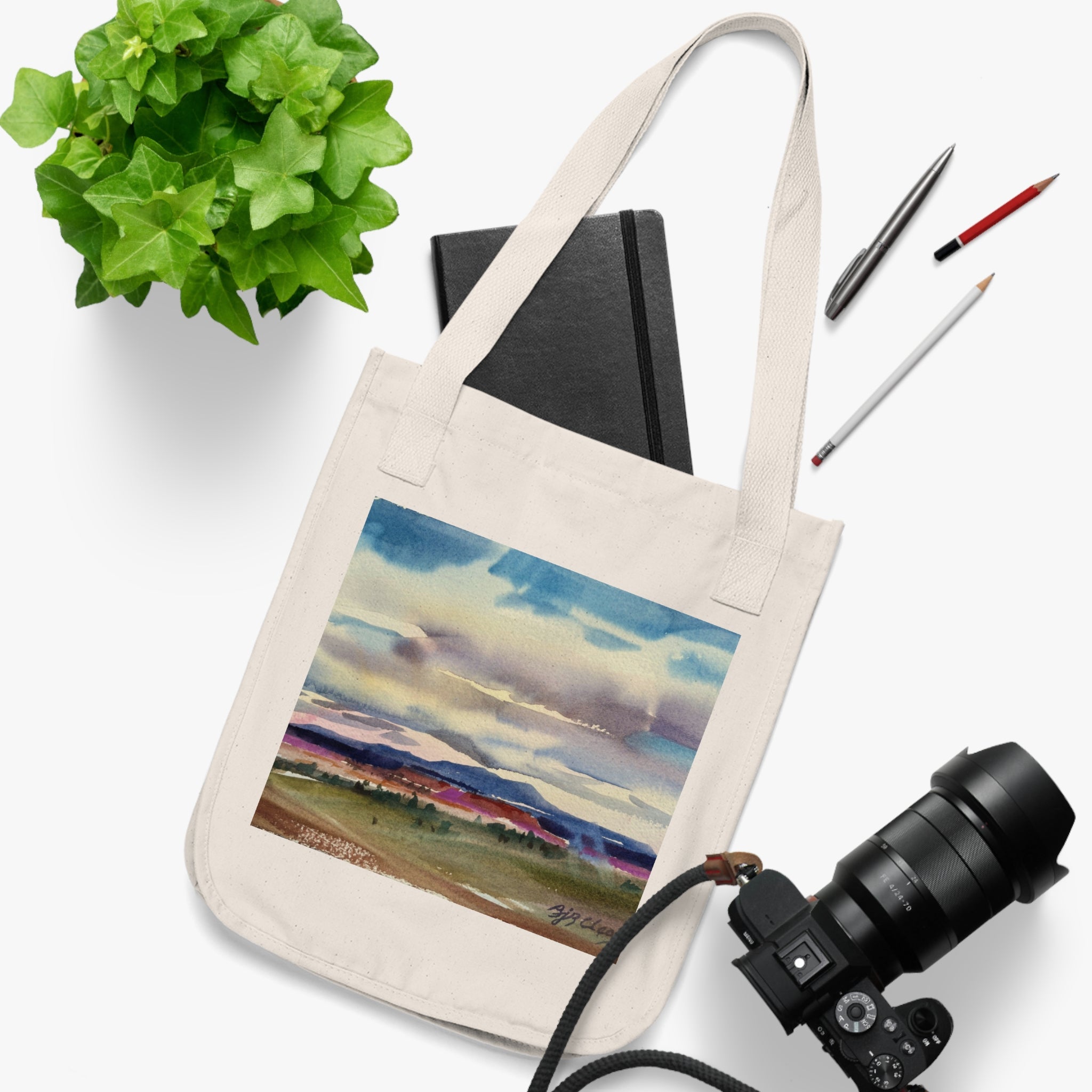 Organic Tote Bag with 'Tranquil Mountain View 1' I Original Artwork by American Artist Barbara Cleary