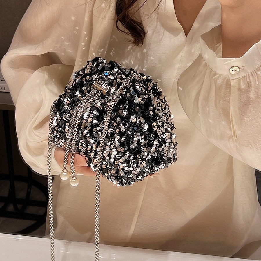 Fashionable personality sequin bag female new Korean version bucket bag foreign air shoulder bag tide cross body dinner bag