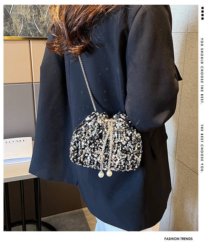 Fashionable personality sequin bag female new Korean version bucket bag foreign air shoulder bag tide cross body dinner bag