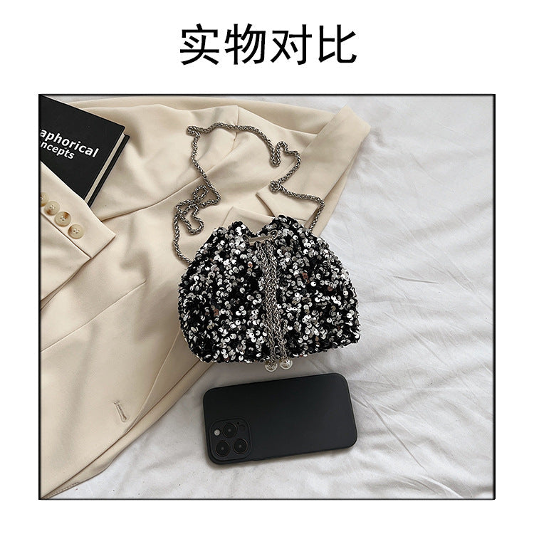 Fashionable personality sequin bag female new Korean version bucket bag foreign air shoulder bag tide cross body dinner bag